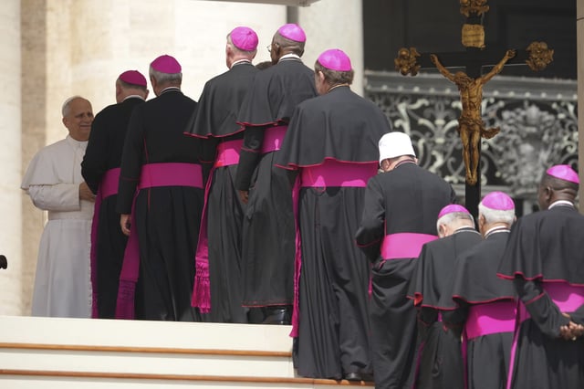 Pope Leo XIV meets bishops during his weekly general audience in St. Peter's Square at The Vatican, Wednesday, June 11, 2025. (AP Photo/Andrew Medichini)