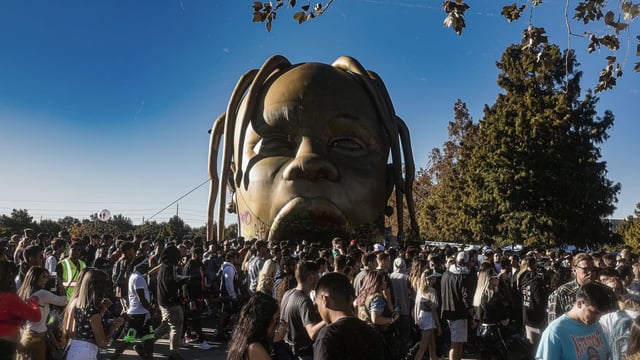 Image of the Astroworld entrance with inflatable Travis Scott head