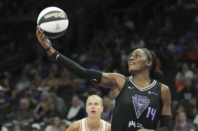 Golden State Valkyries center Temi Fagbenle grabs a rebound against the Phoenix Mercury during the second half of a WNBA basketball game Thursday, June 5, 2025, in Phoenix.