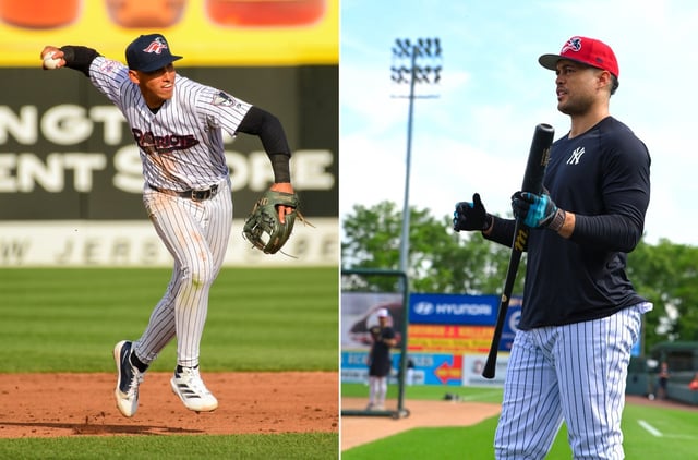 (L-R) George Lombard Jr. and Giancarlo Stanton. (Courtesy Somerset Patriots)