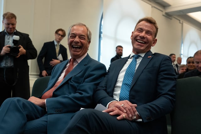 LONDON, ENGLAND - JUNE 10: Reform UK leader, Nigel Farage (L), sits next to David Bull following Mr Bull&#39;s announcement as Reform chairman at a Party press conference on June 10, 2025 in London, England. (Photo by Carl Court/Getty Images)