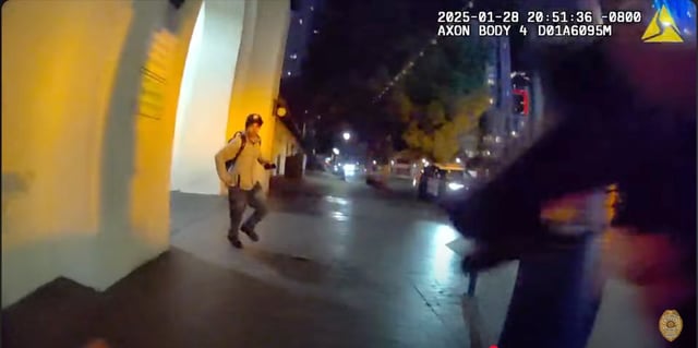 A still image from San Diego police Officer Daniel Gold’s body-worn camera shows the moment just before he shot and killed Konoa Wilson on Jan. 28, 2025, at Santa Fe Depot in downtown San Diego. (San Diego Police Department)