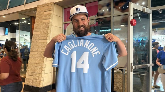 Andrew Snively of Lee’s Summit with his new Jac Caglianone jersey on June 10, 2025.