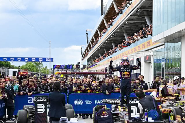 Jun 9, 2024; Montreal, Quebec, CAN; Red Bull Racing driver Max Verstappen (NED) celebrates his win at the Canadian Grand Prix at Circuit Gilles Villeneuve. Mandatory Credit: David Kirouac-USA TODAY Sports/File Photo