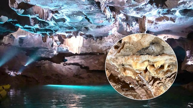 Detalle de la estalactita que han partido en el interior de les Coves de Sant Josep.