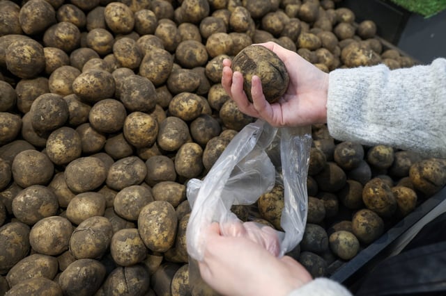 DIESES FOTO WIRD VON DER RUSSISCHEN STAATSAGENTUR TASS ZUR VERFÜGUNG GESTELLT. [RUSSIA, ROSTOV-ON-DON - FEBRUARY 9, 2023: A customer shops for potatoes at a Magnit supermarket. Erik Romanenko/TASS]