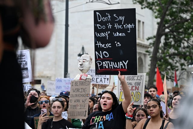 A large crowd of protesters marched through downtown Denver on June 10, 2025. Protesters took to the streets to demonstrate against immigration enforcement actions by the Trump administration. (Photo by Helen H. Richardson/The Denver Post)