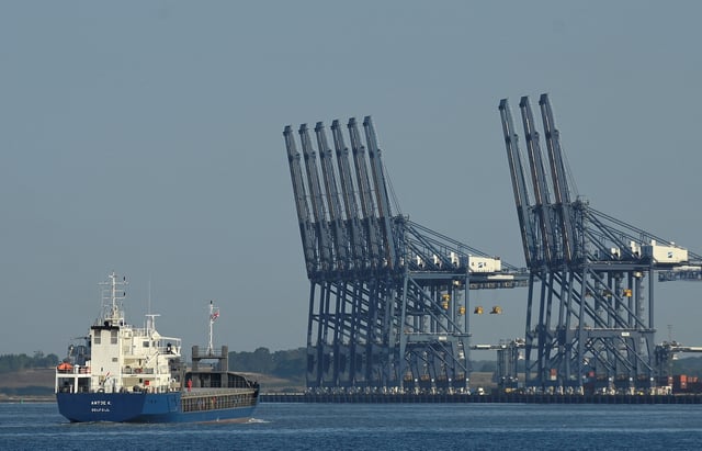 An empty cargo ship approaches UK's biggest container port Felixstowe, Britain, August 22, 2022. REUTERS/Toby Melville/ File Photo