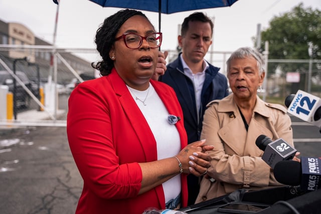 Congresswoman Rep. LaMonica McIver, D-N.J., speaks to the press after Newark mayor Ras Baraka was arrested while protesting at Delancey Hall ICE detention prison, Friday, May 9, 2025, in Newark, N.J, (AP Photo/Angelina Katsanis)