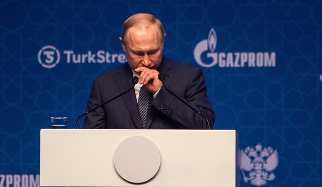 This image from January 8, 2020 shows Russian President Vladimir Putin at the opening ceremony of the Turkstream Gas Pipeline Project, Istanbul, Turkey.