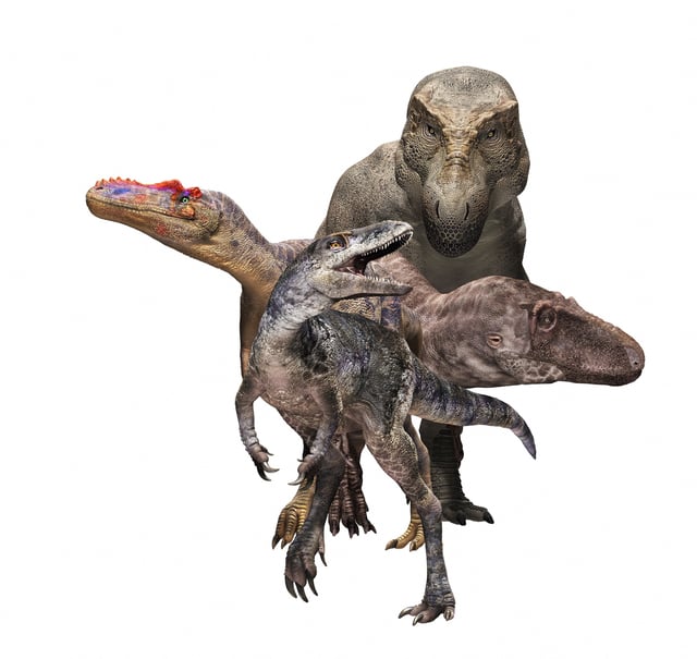 The newly identified dinosaur species Khankhuuluu mongoliensis is seen in front of three of its evolutionary descendants, including Tyrannosaurus rex (rear) in this handout illustration released on June 11, 2025. Masato Hattori/Handout via REUTERS