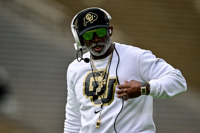 BOULDER, CO - APRIL 19: Head coach Deion Sanders of the Colorado Buffaloes walks on the field during the Black and Gold Spring Game at Folsom Field on April 19, 2025 in Boulder, Colorado. (Photo by Dustin Bradford/Getty Images for ONIT)