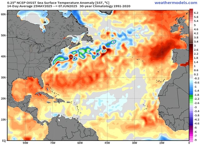 This graphic from weathermodels.com, based on NOAA data, illustrates the degree to which water temperatures in parts of the Atlantic hurricane basin are warmer than normal.