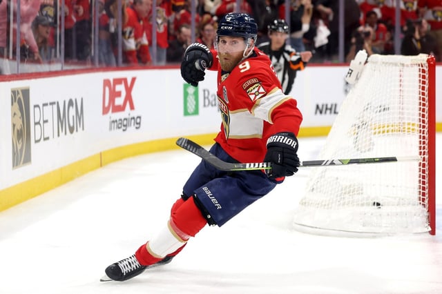 Sam Bennett #9 of the Florida Panthers reacts after scoring against the Edmonton Oilers during the second period in Game Three of the 2025 Stanley Cup Final at Amerant Bank Arena on June 09, 2025 in Sunrise, Florida. (Photo by Steph Chambers/Getty Images)
