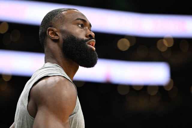 Jaylen Brown #7 of the Boston Celtics watches warmups before Game five of round two of the NBA playoffs against the New York Knicks at the TD Garden on May 14, 2025 in Boston, Massachusetts.