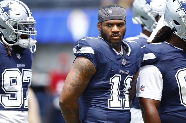 Micah Parsons #11 of the Dallas Cowboys before a preseason game against the Los Angeles Rams at SoFi Stadium on August 11, 2024 in Inglewood, California