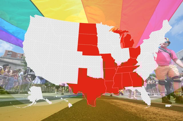 Background: People carry a large pride flag as they march during the World Pride parade, Saturday, June 7, 2025, in Washington. 
Foreground: Map showing gay marriage bans