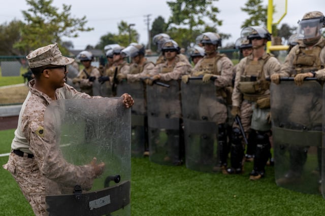 U.S. Marines with 2nd Battalion, 7th Marine Regiment, 1st Marine Division, who were placed in an alert status over the weekend, rehearse crowd control tactics at a base in the greater Los Angeles area, California, U.S. June 10, 2025. U.S. Marine Corps/Cpl. Jaye Townsend/Handout via REUTERS