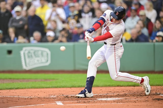 BOSTON, MASSACHUSETTS - JUNE 10: Roman Anthony #19 of the Boston Red Sox hits a double in the first inning to record his first major league hit against the Tampa Bay Rays at Fenway Park on June 10, 2025 in Boston, Massachusetts.