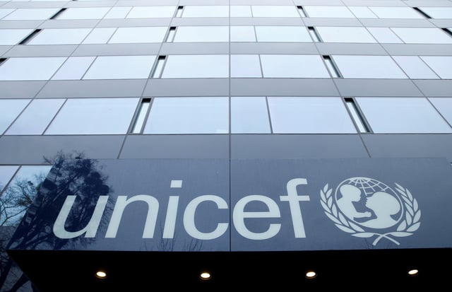 A UNICEF logo is pictured outside their offices in Geneva, Switzerland, January 30, 2017. Picture taken January 30, 2017.  REUTERS/Denis Balibouse/ File Photo