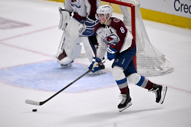 May 3, 2025; Dallas, Texas, USA; Colorado Avalanche defenseman Cale Makar (8) skates against the Dallas Stars during the second period in game seven of the first round of the 2025 Stanley Cup Playoffs at American Airlines Center. Mandatory Credit: Jerome Miron-Imagn Images/File Photo