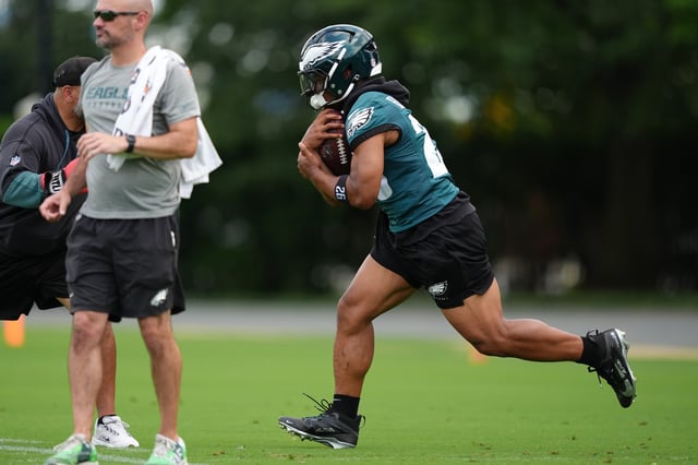 Jun 10, 2025; Philadelphia, PA, USA; Philadelphia Eagles running back Saquon Barkley (26) carries the ball during a practice drill at NovaCare Complex. Mandatory Credit: Kyle Ross-Imagn Images