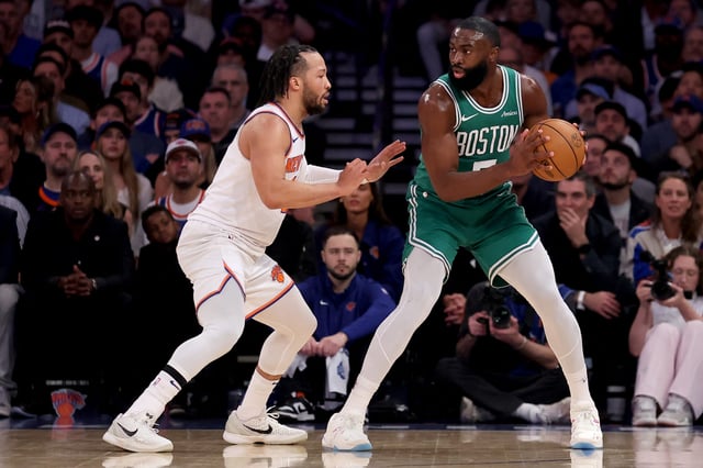 May 16, 2025; New York, New York, USA; Boston Celtics guard Jaylen Brown (7) controls the ball against New York Knicks guard Jalen Brunson (11) during the first quarter of game six in the second round of the 2025 NBA Playoffs at Madison Square Garden. Mandatory Credit: Brad Penner-Imagn Images/File Photo