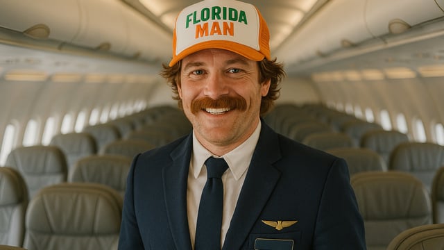 flight attendant wearing a florida man hat