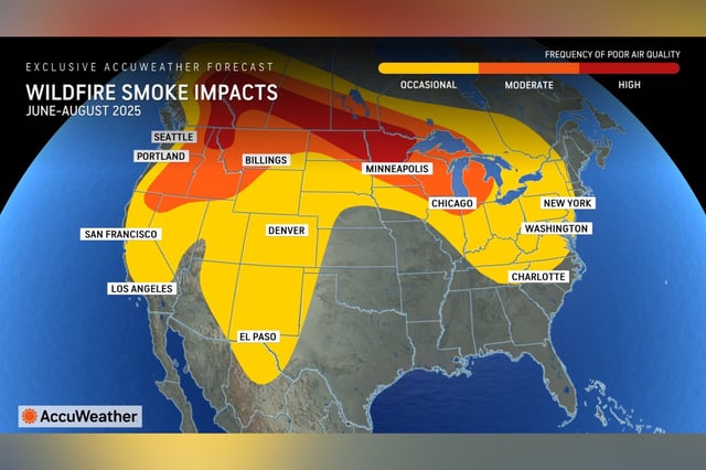 A forecast map from AccuWeather shows which states are likely to see wildfire smoke impacts this summer.