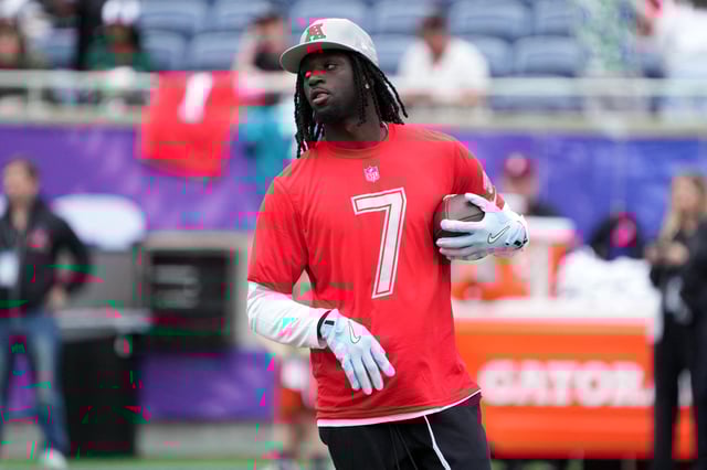 Feb 1, 2025; Orlando, FL, USA; Jacksonville Jaguars receiver Brian Thomas Jr. (7) during AFC Practice for the Pro Bowl Games at Camping World Stadium. Mandatory Credit: Kirby Lee-Imagn Images/File Photo