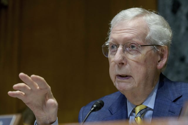 Subcommittee Chairman Sen. Mitch McConnell, R-Ky., questions Secretary of Defense Pete Hegseth during a Senate Committee on Appropriations subcommittee hearing to examine proposed budget estimates for fiscal year 2026 for the Department of Defense, on Capitol Hill, Wednesday, June 11, 2025, in Washington. (AP Photo/Rod Lamkey, Jr.)