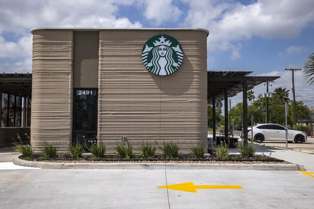 A general view shows a 3D printed Starbucks building Monday, April 28, 2025, in Brownsville, Texas.