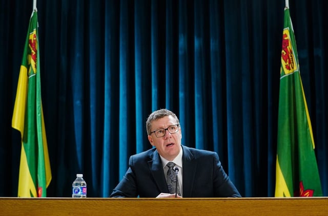 Saskatchewan Premier Scott Moe speaks during a press conference in Regina, Monday, Nov. 25, 2024. THE CANADIAN PRESS/Heywood Yu