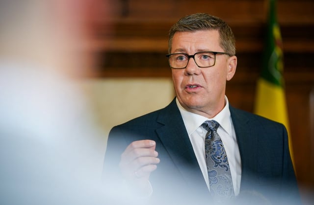 Saskatchewan Party Leader Scott Moe speaks to the media during a scrum after a televised leaders' debate in Regina, on Wednesday, Oct. 16, 2024. THE CANADIAN PRESS/Heywood Yu