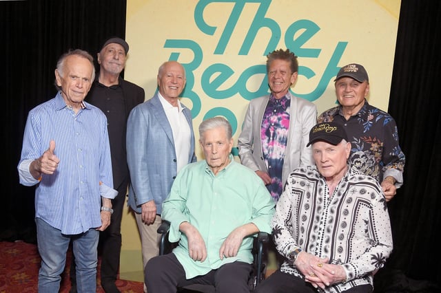 (L-R) Al Jardine, David Marks, Frank Marshall, Brian Wilson, Blondie Chaplin, Mike Love and Bruce Johnston attend the world premiere of Disney+ documentary "The Beach Boys" in 2024.