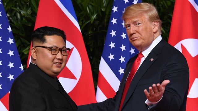 Kim Jong-un and President Trump at their Singapore summit in 2018