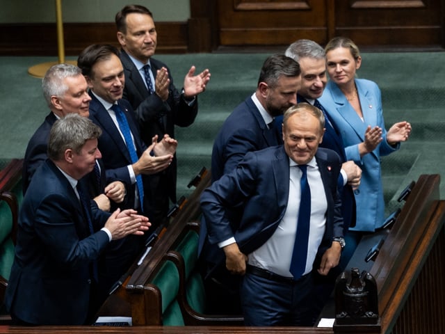 Poland's Prime Minister Donald Tusk reacts after the voting of confidence for his cabinet, at the Parliament in Warsaw on June 11, 2025. Poland's pro-EU government won a confidence vote in parliament on June 11, 2025 as it attempted to demonstrate it still had majority support, despite suffering a major blow in this month's presidential election. (Photo by Wojtek RADWANSKI / AFP) (Photo by WOJTEK RADWANSKI/AFP via Getty Images)
