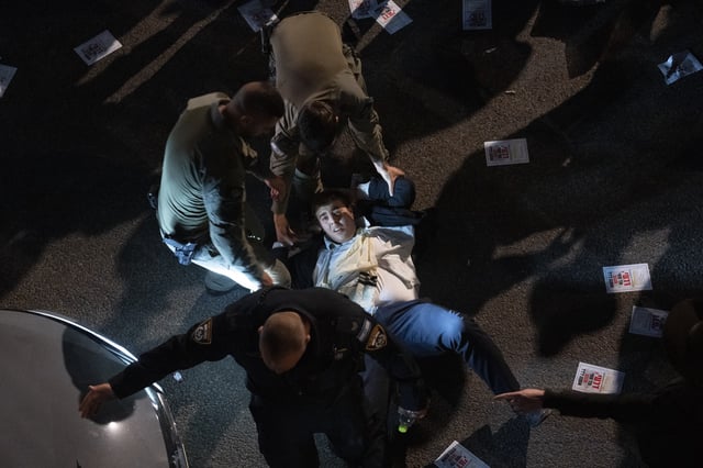 FILE - Israeli police officers disperse ultra-Orthodox Jewish men blocking a highway during a protest against army recruitment in Bnei Brak, Israel, on Jan. 9, 2025. (AP Photo/Oded Balilty, File)