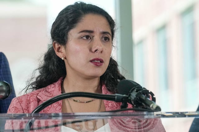 Harris County Judge Lina Hidalgo speaks during a press conference on Monday, July 15, 2024 in Houston. Hidalgo rejected U.S. Rep. Wesley Hunt&#39;s offer of federal assistance ahead of nationwide protests planned for Saturday, according to a Wednesday statement form her office. 