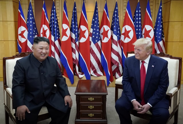 U.S. President Donald Trump meets with North Korean leader Kim Jong Un at the demilitarized zone separating the two Koreas, in Panmunjom, South Korea, June 30, 2019. REUTERS/Kevin Lamarque/File Photo