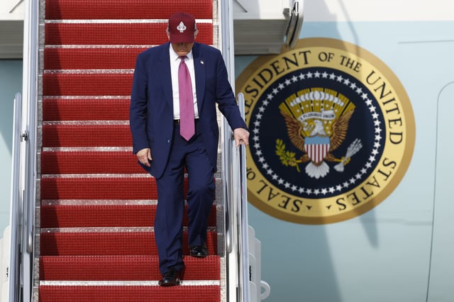 President Donald Trump walks down the stairs of Air Force One upon his arrival at Joint Base Andrews, Md., Tuesday, June 10, 2025. (AP Photo/Luis M. Alvarez)