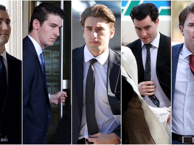 A composite image of five photographs show former members of Canada's 2018 World Juniors hockey team, left to right, Alex Formenton, Cal Foote, Michael McLeod, Dillon Dube and Carter Hart as they individually arrived to court in London, Ont., Tuesday, April 22, 2025.