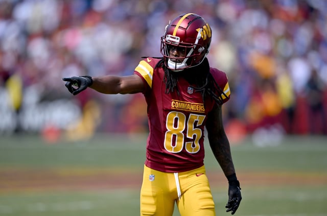 Noah Brown #85 of the Washington Commanders lines up against the New York Giants at Northwest Stadium on September 15, 2024 in Landover, Maryland.