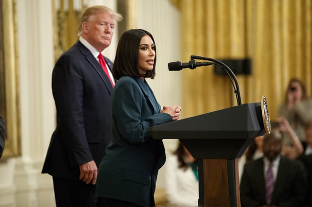 Kim Kardashian West, who is among the celebrities who have advocated for criminal justice reform, speaks during an event on second chance hiring and criminal justice reform with President Donald Trump in the East Room of the White House on June 13, 2019.