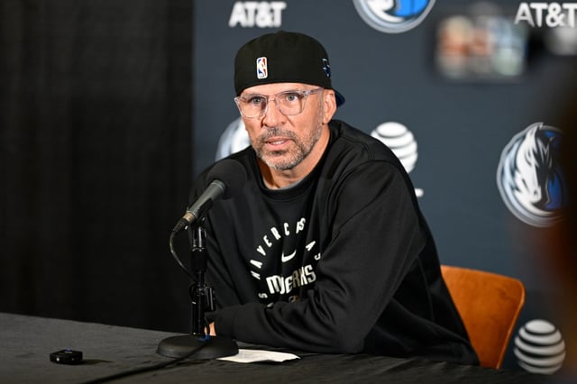 Dallas Mavericks head coach Jason Kidd talks with reporters before an NBA basketball game against the Orlando Magic, Thursday, March 27, 2025, in Orlando, Fla. (AP Photo/Phelan M. Ebenhack)