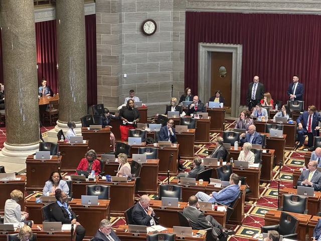 Missouri state Rep. Kimberly-Ann Collins describes for fellow lawmakers gathered in Jefferson City for a special session on Wednesday, June 11, 2025, how she watched a tornado hit her St. Louis home a month earlier. (AP Photo/David A. Lieb)