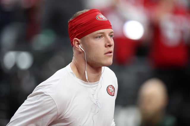 Christian McCaffrey #23 of the San Francisco 49ers warms-up before Super Bowl LVIII against the Kansas City Chiefs at Allegiant Stadium on February 11, 2024 in Las Vegas, Nevada.