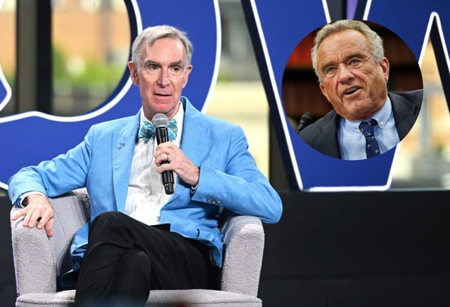 Bill Nye speaks onstage during Global Citizen NOW at Spring Studios on April 30, 2025 in New York City. Inset Secretary of Health and Human Services (HHS), Robert F. Kennedy Jr. (Noam Galai/Getty Images for Global Citizen)  (Getty)