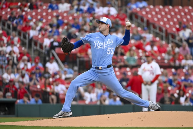 Jun 5, 2025; St. Louis, Missouri, USA;  Kansas City Royals starting pitcher Cole Ragans (55) pitches against the St. Louis Cardinals during the first inning at Busch Stadium. Mandatory Credit: Jeff Curry-Imagn Images/File Photo