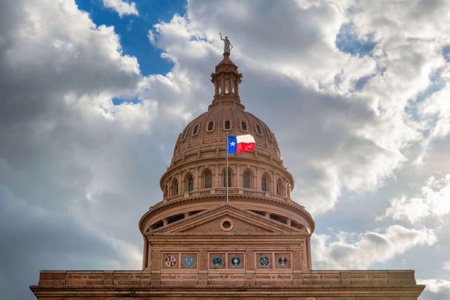 The Texas State Capitol Building is pictured at sunset in Austin, Texas.
